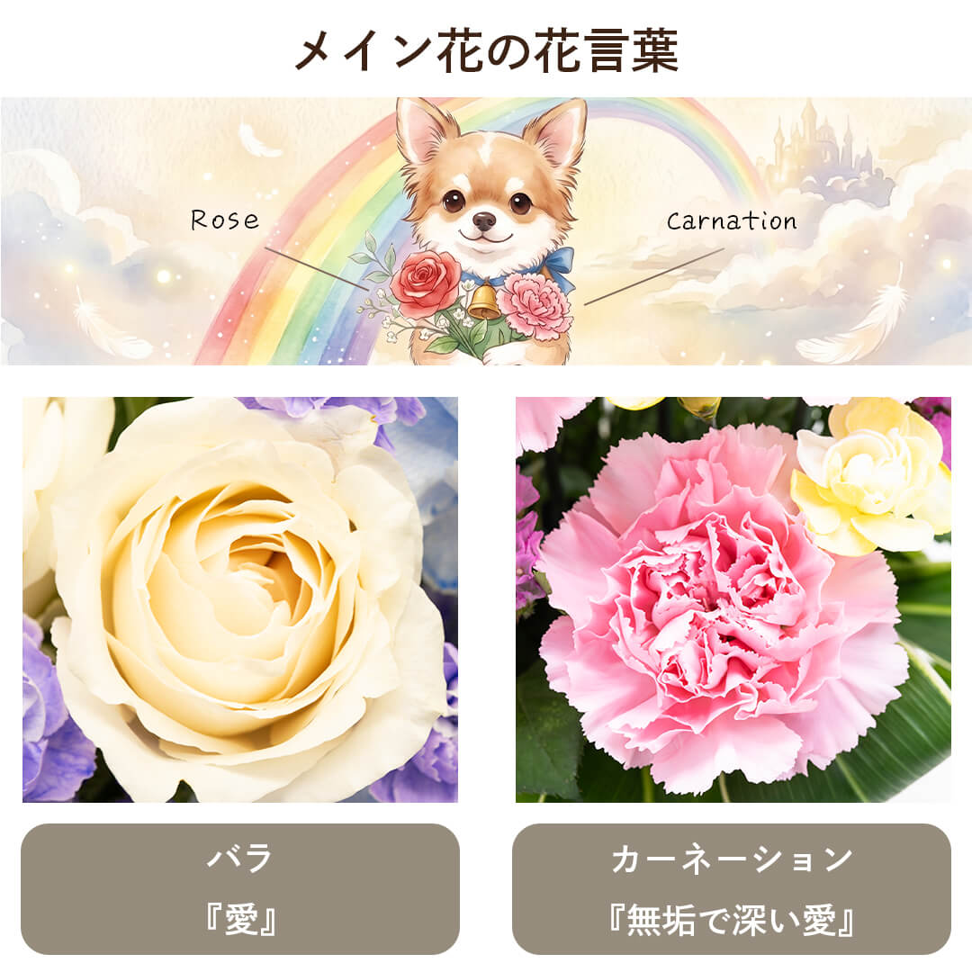 花言葉 バラ「愛」・カーネーション「無垢で深い愛」