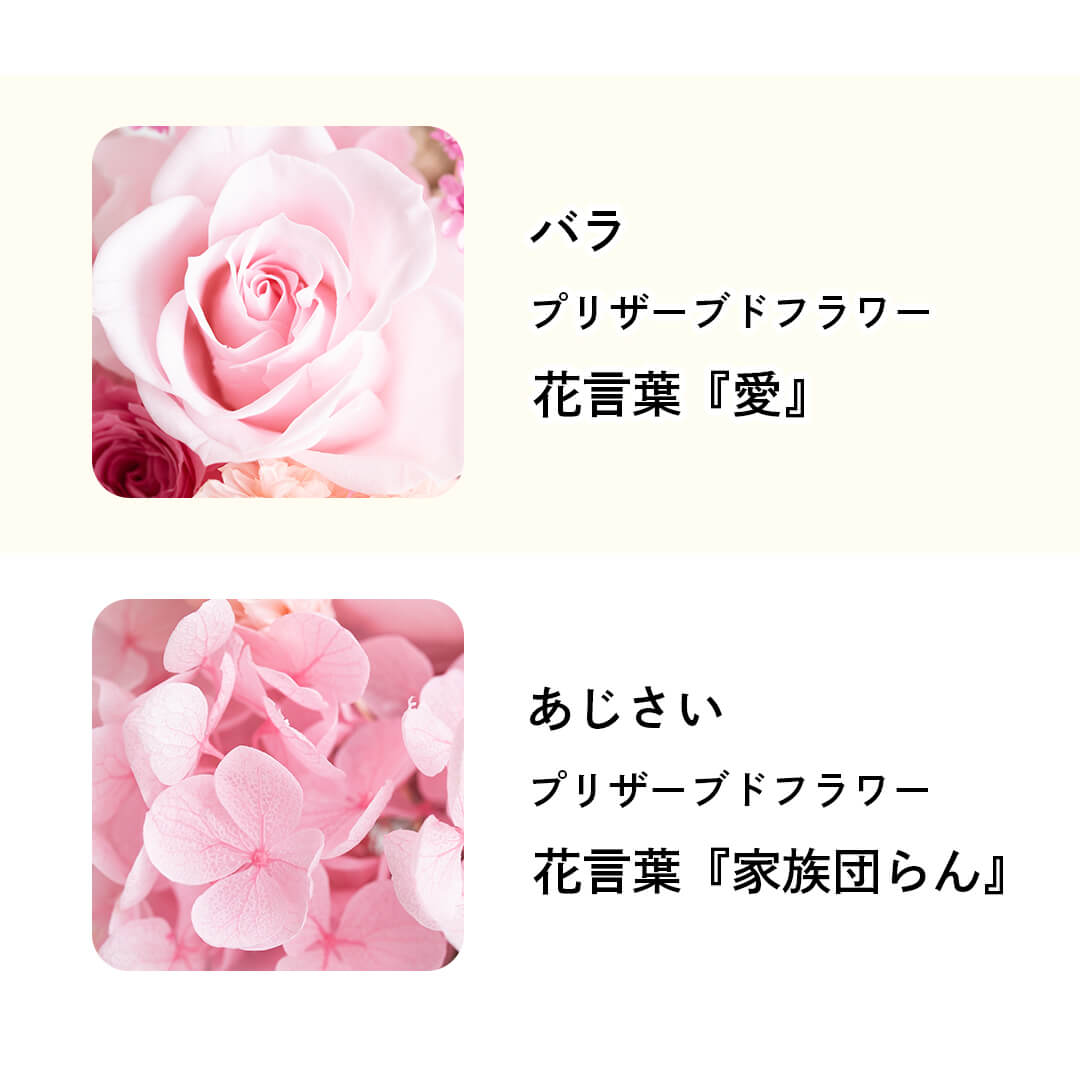 花言葉 バラ「愛」・あじさい「家族団らん」