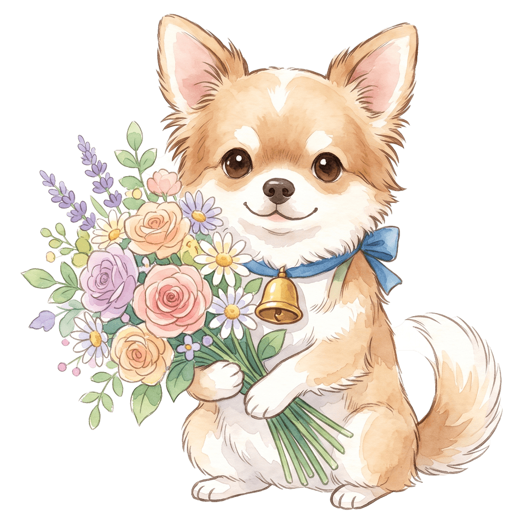 たくさんのお花を持つベル君