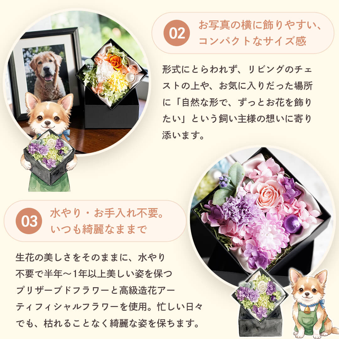 お写真の横に飾りやすい、コンパクトなサイズ感水やり・お手入れ不要。いつも綺麗なままで